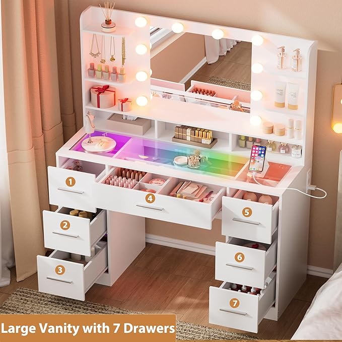 Vanity Desk with Mirror and Lights, Large Glasstop Makeup Vanity Desk with 7 Drawers and Power Outlet, 6 Open Shelves, White