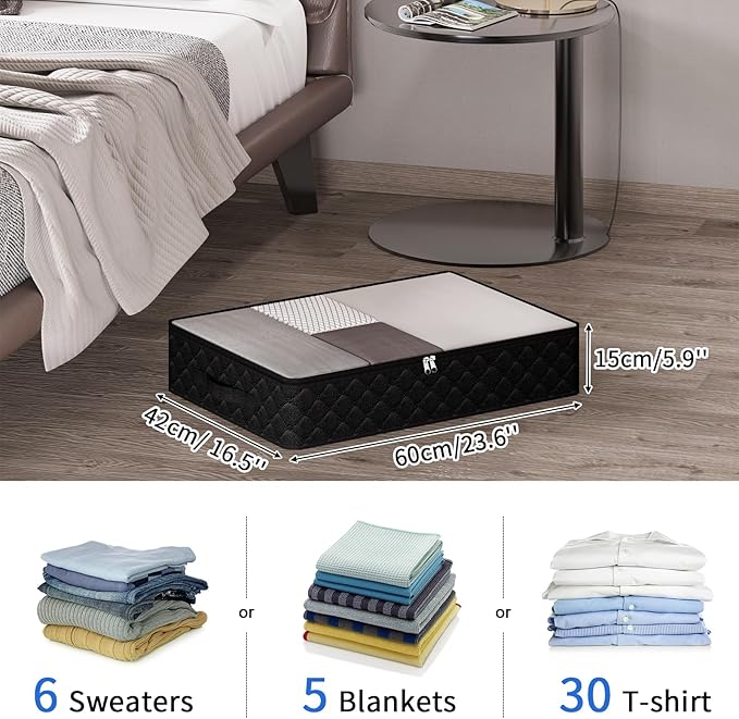 Fixwal Black Underbed Storage Bags with Clear Window and 2 Reinforced Handles Under Bed Storage Containers for Clothing, Bedding, Comforter (6 Pack)