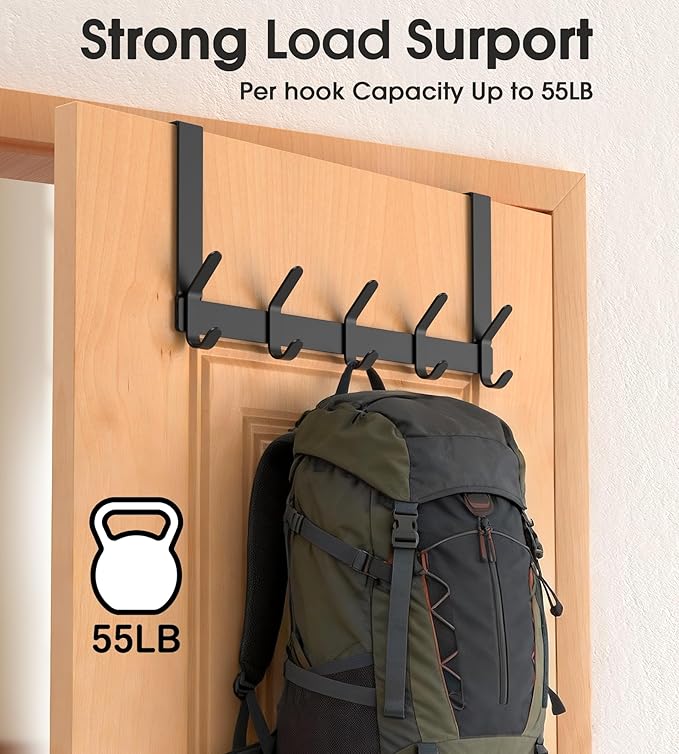 Over The Door Hooks Hanger with 7" Arms for Hanging Heavy Coats, Towel, J7U, Perfectly Fits US Standard 1 3/4-inch Doors, Towel Rack Bathroom Organizer Holder, Rustproof, Black