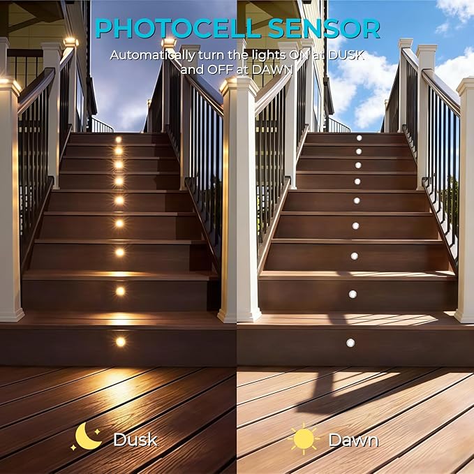 Recessed Deck Stair Lighting with Timer Photocell Sensor Transformer, Dimmable, Low Voltage LED Step Riser Lights IP67 Waterproof φ1.26 12V Warm White Patio Kit Decorations, 16 Pack