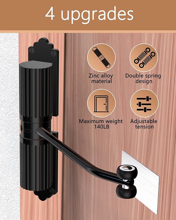 2025 new Automatic Door Closer, self Closing Door, Adjustable Closing Door, Door Closers for Home, Automatic Safety Spring Door Closer (Black). Up to 140LB can be Pushed.Metal Doors Don't fit.