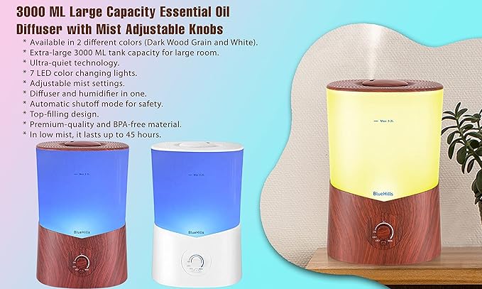 BlueHills Premium Large 3000 ML and 1000 ML XL Essential Oil Diffusers Humidifiers Combo Set of 2 for Large Room Home with Décor LED Lights Great Gift – Dark Wood Grain.