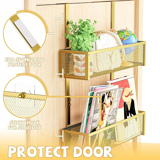 Over The Door Hooks Organizer,Coat Rack with 12 Hooks and 2 Mesh Baskets,Back of Door Storage Organizer for Bathroom,Bedroom,Kitchen,Office (Gold)