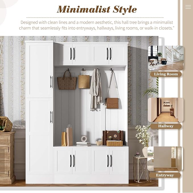 79-inch Modern Hall Tree with Shoe Storage - 4-in-1 Entryway Organizer with 6 Storage Cabinets, 4 Coat Hooks & Adjustable Shelf for Hallway, Living Room (White)