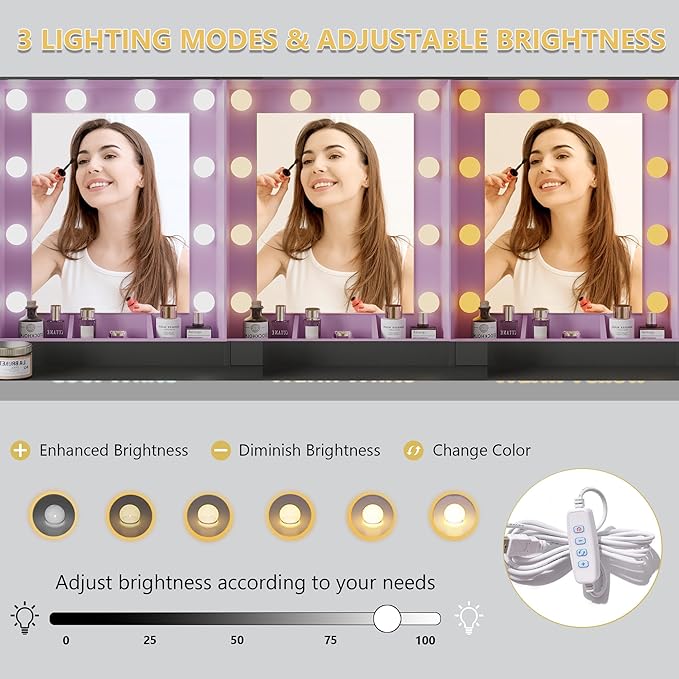 Makeup Vanity Desk with Mirror and Lights, Purple Vanity Table Set with Storage Drawers, Charging Station & Cabinets, Large Dressing Table with RGB Ambient Light for Women Girls Bedroom Bathroom