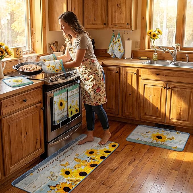 Fourluoo 10 Pcs Sunflower Kitchen Decor and Accessories Set Sunflower Kitchen Towels and Rugs Oven Mitts and Pot Holders for Cooking Baking Mom Housewarming Gifts