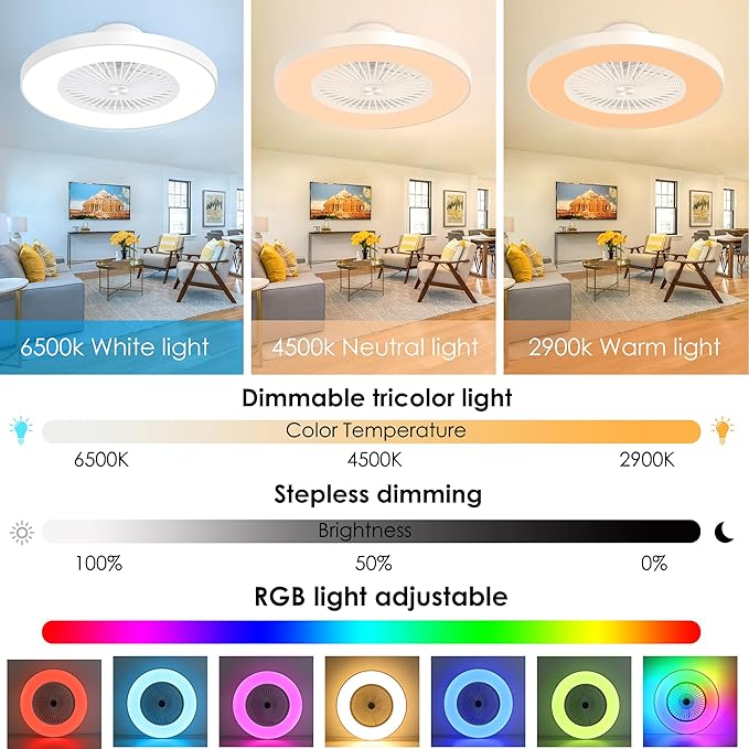 24" RGB Bladeless Ceiling Fan with Light, Low Profile Ceiling Fan with APP/Voice/Remote Control, 6-Speed Quiet DC Motor, Dimmable Color Changing LED, White