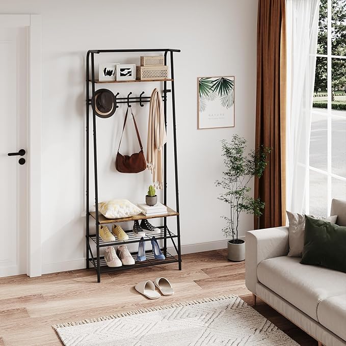 Jojoka 25" Coat Rack, Hall Tree with Shoe Bench and Storage, 4-Tier Shelf with 5 Hooks, Freestanding Metal Entryway Organizer for Hallway, Accent Furniture for Bathroom