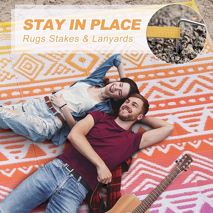 Lahome Outdoor Rug 8x10 Patio Waterproof, Reversible Outdoor Plastic Straw Rug for Camping, RV Patio Rugs Outside Large Carpet for Porch Deck Backyard Picnic(Orange/Purple,8'x 10')