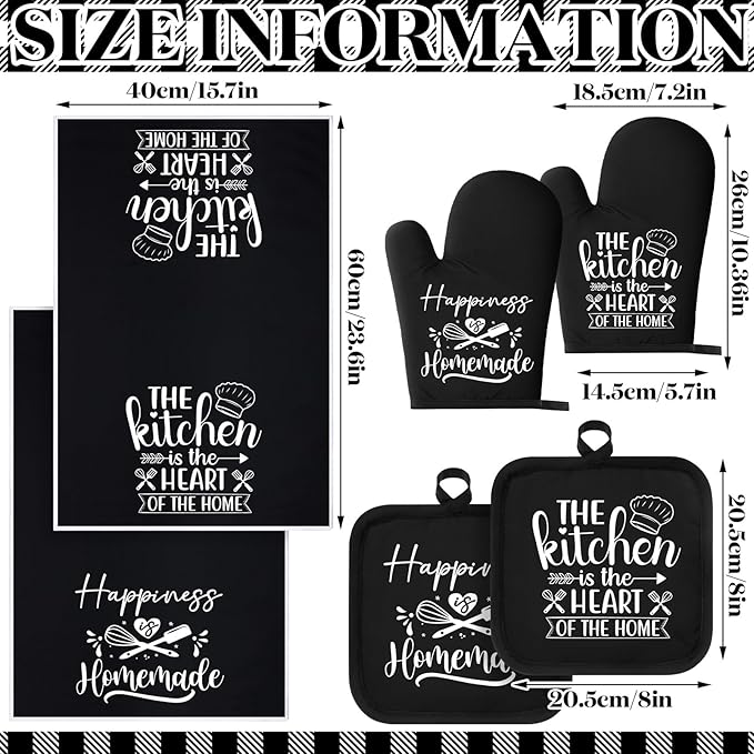 Sratte 6 Pcs Kitchen Decor Accessories Set Farmhouse Towels Pot Holders Oven Mitts Set 2 Dish Towels 2 Potholders 2 Cooking Mittens Oven Glove for Christmas Baking Cooking Supply(Black,Kitchen)