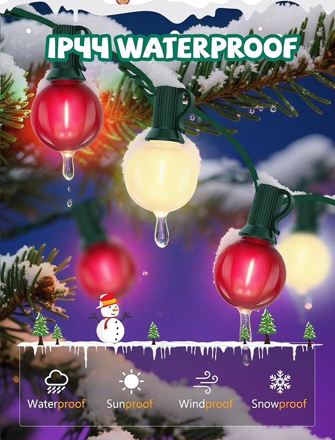 Abeja G40 Globe Patio String Light, 50Ft G40 Red White String Lights with 27 G40 LED Bulbs(2 Spare), Hanging Patio Globe String Light for Christmas Garden Holiday Party Decor-Green Line