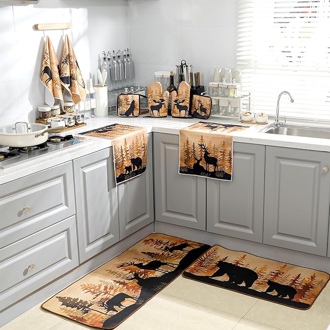 Fourluoo 10 Pcs Farmhouse Kitchen Decor Set 4 Brown Bear Kitchen Towels 2 Forest Wild Animal Pot Holders 2 Rustic Deer Oven Mitts 2 Vintage Forest Wildlife Rug for Cooking Baking Mom Housewarming Gift