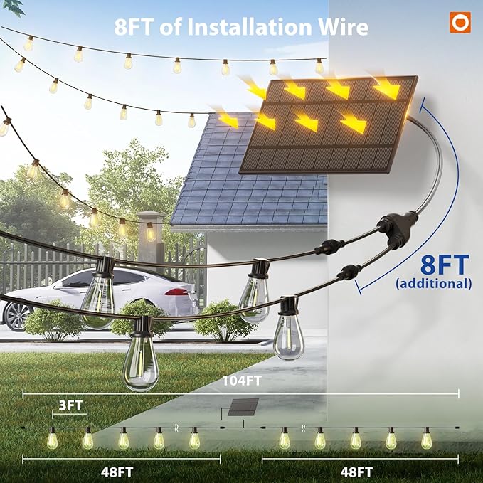 addlon 104FT(96FT+8) Solar String Lights Outdoor Waterproof with USB Port & Remote Control Solar Patio Lights for Outside Solar Powered with 34 LED Dimmable Bulbs for Porch Garden Deck Halloween
