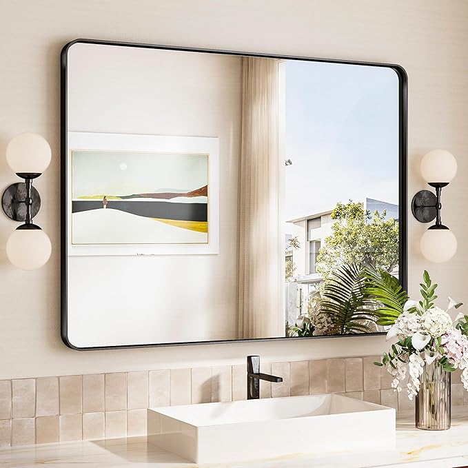 TokeShimi Black Bathroom Mirror,40x30 Large Bathroom Mirror Rectangle,Aluminum Vanity Mirror Bathroom Wall with Tempered Glass,Modern Matte Black Mirror Framed Seamless(Horizontal/Vertical)