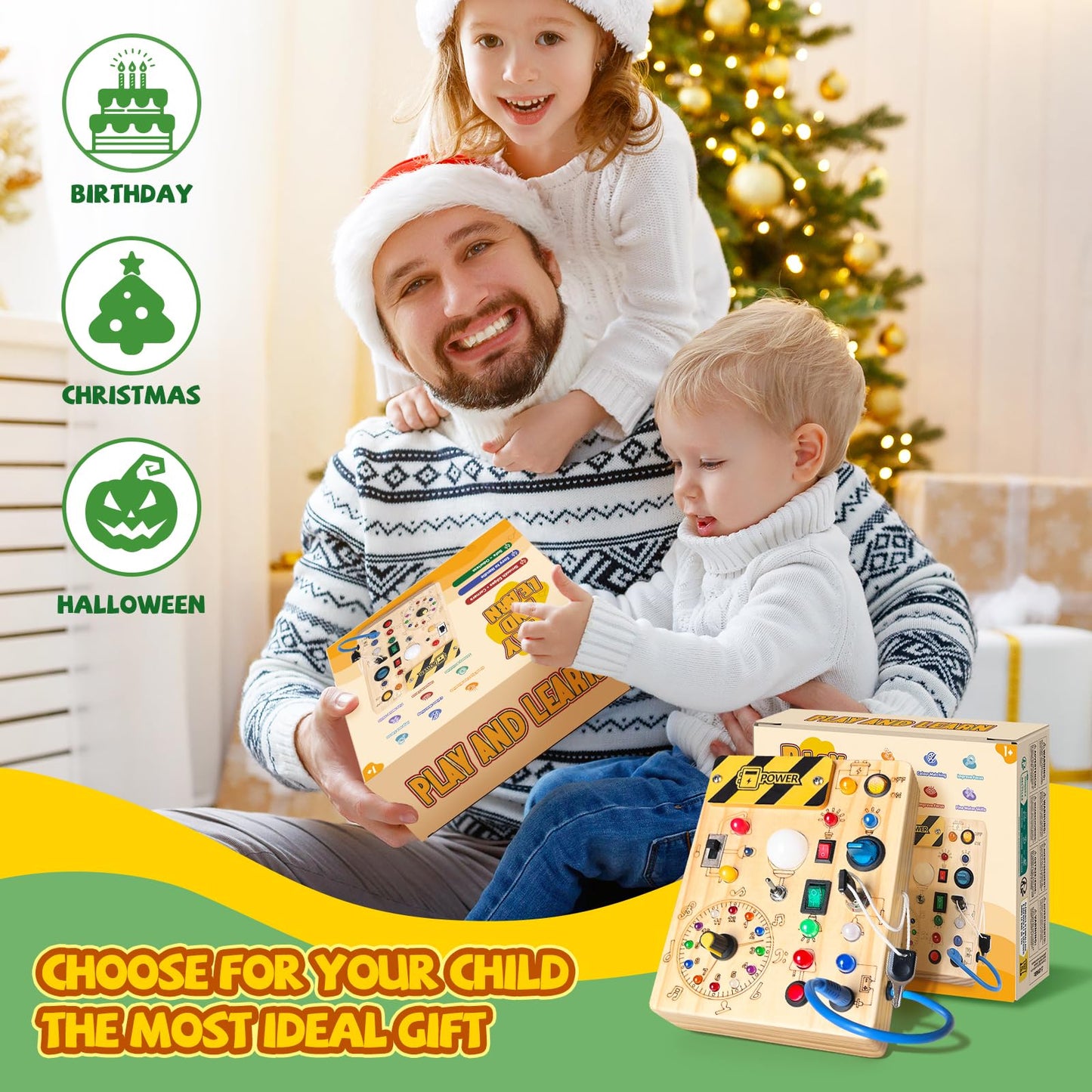 Iabedi Busy Board, Montessori Toy for 1-3 Years Old, Wooden Toddler Sensory Travel Toy, Ideal Gift for 1+ Year Old Boys (Busy Board Plus V2), Medium, Yellow