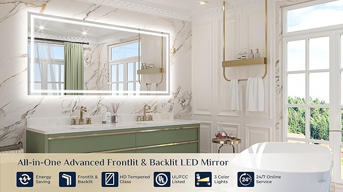Keonjinn 72" x 36" LED Mirror with Frontlit & Backlit, Lighted Bathroom Mirror, HD Tempered Glass, Stepless Dimmable 3 Color Lights, Safe Defogger, UL-Listed, Oversized Light Up Bathroom Vanity Mirror