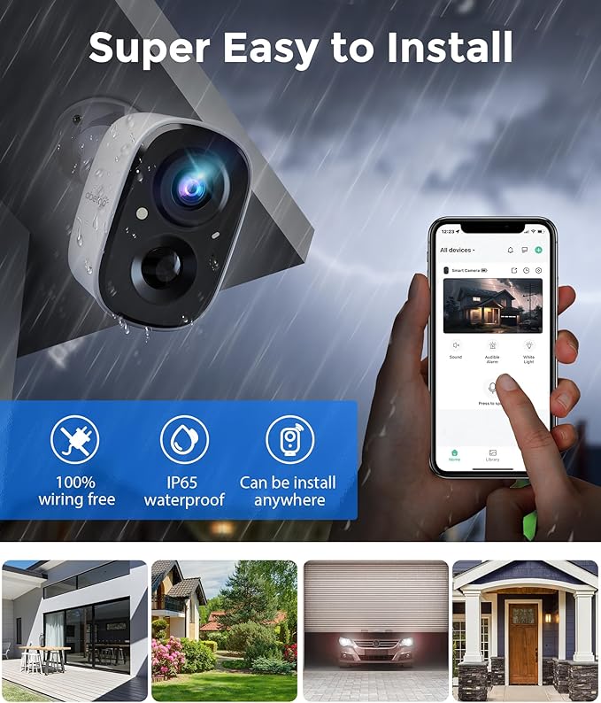 2K Wireless Security Cameras - Outdoor WiFi Security Cameras Color Night Vision, AI/PIR Detection, 2-Way Talk, Cloud/SD, Weatherproof, Battery Powered Outdoor Cameras (White1)