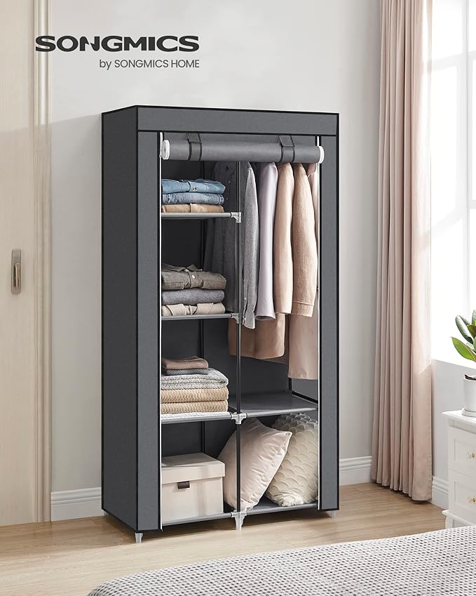 SONGMICS Portable Closet, Clothes Storage Organizer with 6 Shelves, 1 Clothes Hanging Rail, Non-Woven Fabric Closet, Metal Frame, 34.6 x 17.7 x 66.1 Inches, Grey URYG84GY