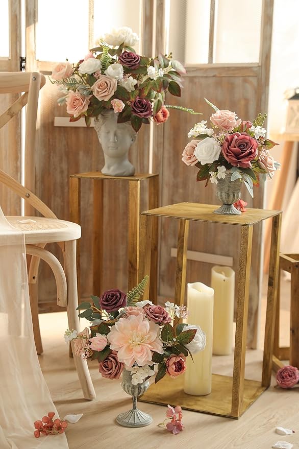 Artificial Flowers Box Set Dusty Roses Fake Silk Flowers Pink Fake Roses DIY Wedding Bridal Bouquets Baby Shower Cake Flowers Home Decoration