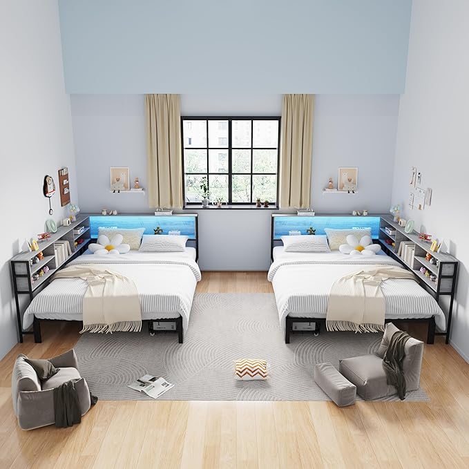 Corner Bed Frame Full with Storage, L Shaped Daybed for Kids,Full Corner Bed with Drawers, Shelves, RGB LED Lights & Charging Station, Sturdy Metal Kids Full Bed for Girls Boys,Gray