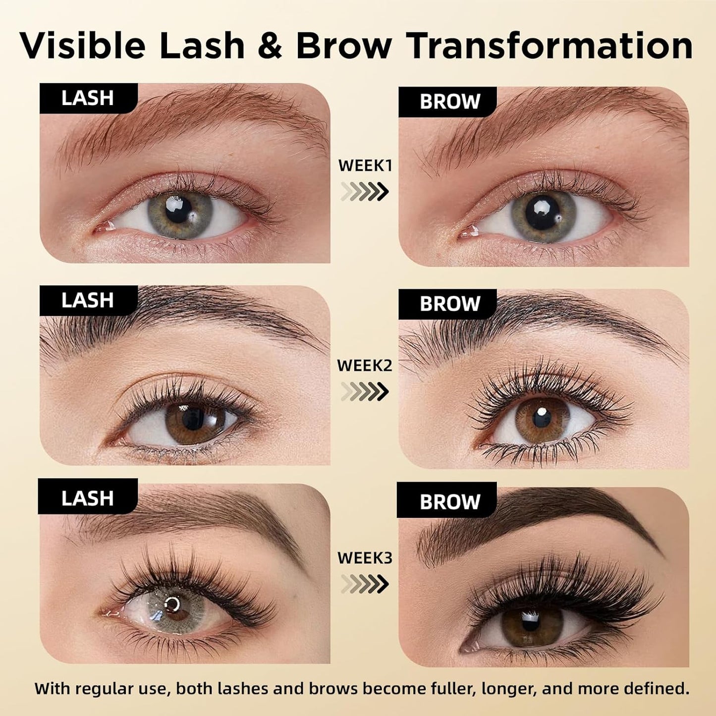 Eyelash Growth Serum & Eyebrow Growth Serum – 15 Plant Extracts with Biotin for Longer, Fuller, Thicker Lashes, Natural Vegan Gentle Nourishing Lash Enhancer (Gold Black)
