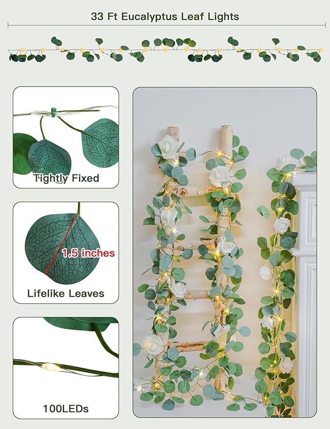 suddus Vines with Lights Battery Operated, 33ft 100 LED Eucalyptus Garland String Lights with Remote, Leaf Lights for Bedroom, Room, Wall, Garden, Party, Wedding Decor (Warm White)