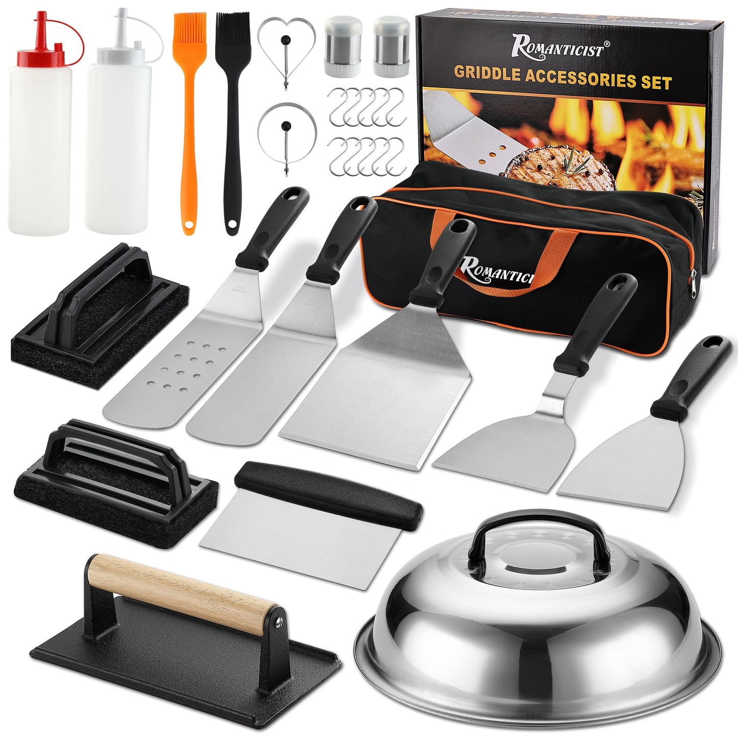 ROMANTICIST 29PCS Griddle Accessories Set - Flat Top Teppanyaki Spatula Set with Scraper, Basting Cover for Camp Chef- Home Cooking Griddle and Outdoor BBQ Gifts for Christmas