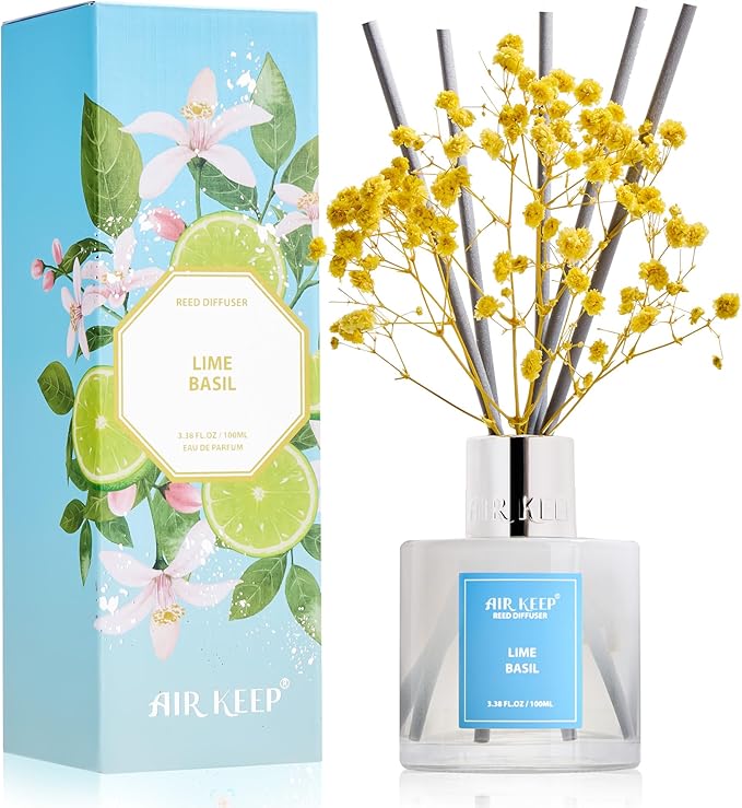 Airkeep Reed Diffuser Set,3.38 fl oz (100 ml) - Lime Basil Oil Diffusers with 8 Reed Sticks, Home Fragrance Reed Diffuser for Bathroom Shelf Decor