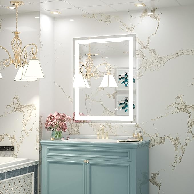 Keonjinn LED Bathroom Mirror 28" x 36", Frontlit & Backlit Bathroom Vanity Mirror with Lights, HD Tempered Glass, UL-Listed, Anti-Fog, 3 Color Lights, Dimmale, Memory Function, LED Wall Mirror