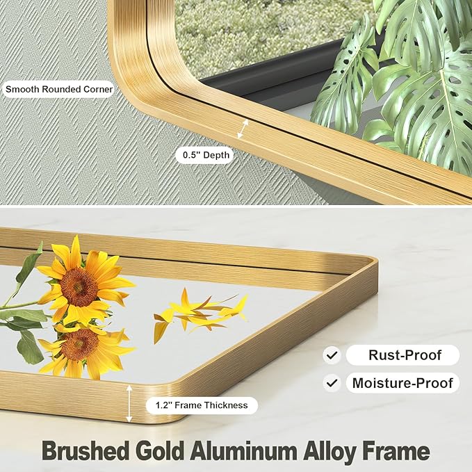 22x30 Inch Gold Framed Bathroom Mirror, Brushed Gold Metal Vanity Mirror, Rectangle Gold Mirror for Wall, Rounded Corner, Tempered Glass, Anti-Rust, Shatterproof (Horizontal/Vertical)
