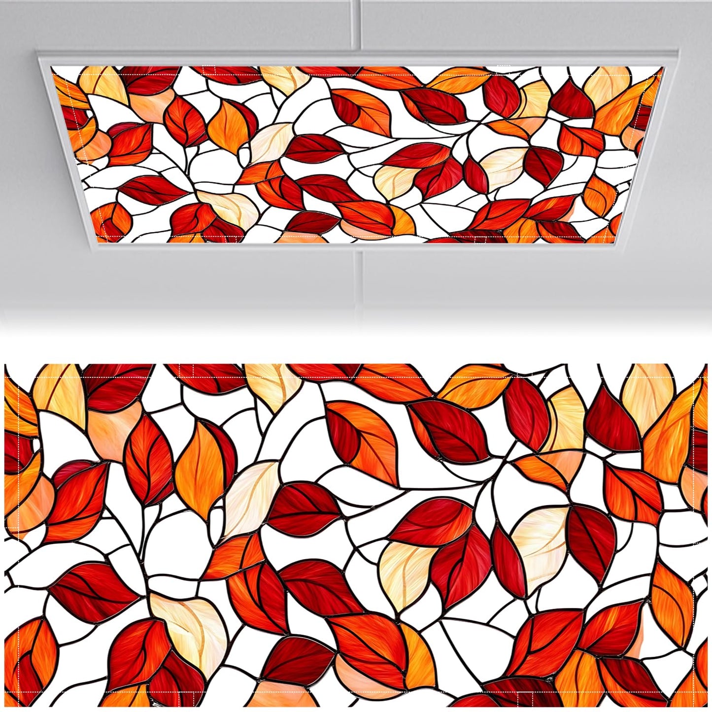 Fluorescent Light Covers for Ceiling Lights-Magnetic,2pcs,Geometric & Stained Glass Designs for Ceiling Lights 2ft x 4ft-For Classroom, Office，Home (Stained Glass Leaves, 48"L x 24""W-2pcs)"