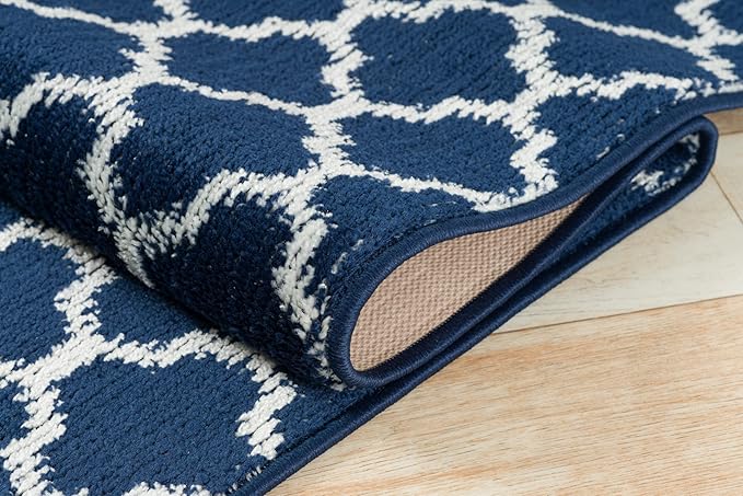 Custom Size Cut to Length Moroccan Trellis Design Runner Rug Mat For Wide Long Hallways with Non-Slip Rubber Backing, Better Traction for Pets, Prevent Slippage, Trellis Navy Blue, 31 inch X 9 feet