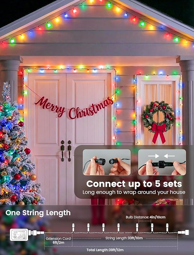 Hopolon Christmas String Lights Outdoor, 33 FT 100 LED Extendable Green Wire Twinkle Lights with Remote, 8 Modes Waterproof Fairy Light Plug in for Xmas Tree Wedding Party Patio Indoor (Multicolor)