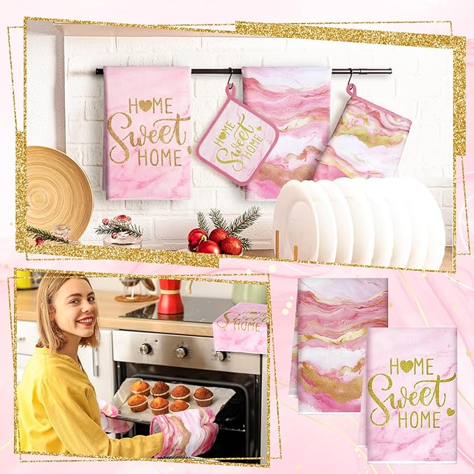 Bencailor 6 Pcs Marble Kitchen Decor Gold Pot Holders Oven Mitts 2 Dish Towels 2 Farmhouse Cooking Mittens Oven Glove and Potholder for Baking Cooking Grilling Supply Accessories(Pink)
