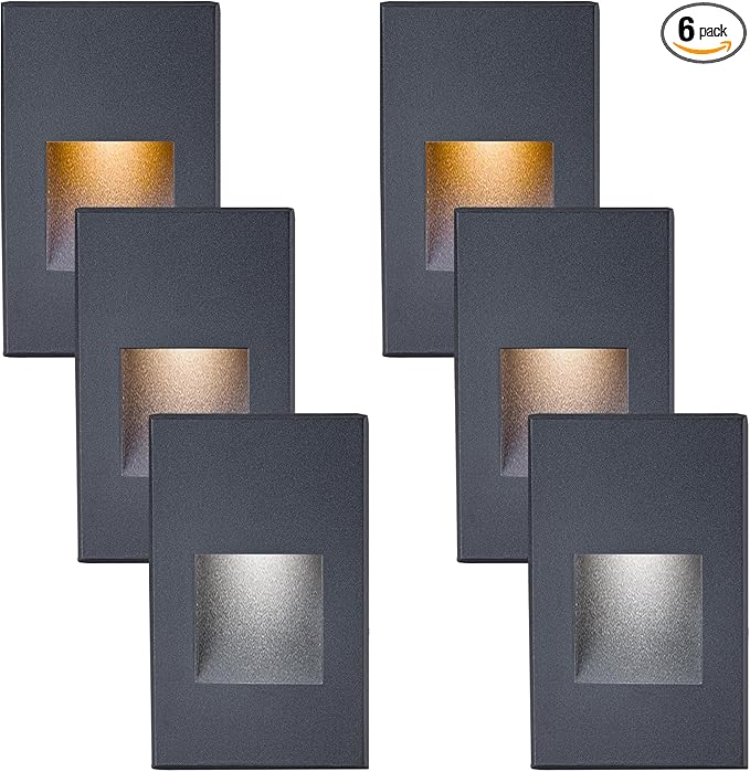 LED Step Lights - Outdoor & Indoor Stair Lights, 12V, 3CCT Color Changing 3000K/4000K/5000K, 4W, 150LM IP66 Waterproof, Black, 6-Pack