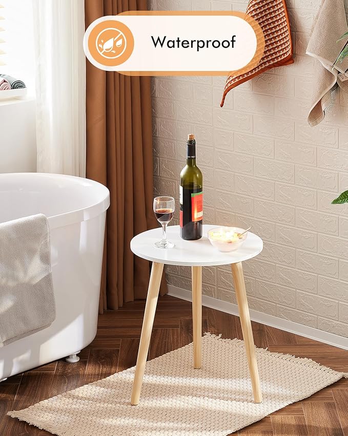 Apicizon Round Side Table, White Bedside Table Coffee End Table for Bedroom, Living Room, Small Spaces, Easy Assembly Nightstands with Natural Wood Legs, 16.5 x 20.5 Inches