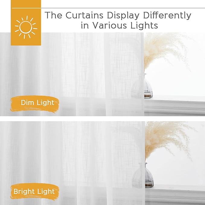 RYB HOME White Sheer Curtains Privacy Linen Textured Blend Half Translucent Window Treatment for Living Room Patio Sliding Door Bedroom, White W 70 x L 84 inch, 2 Pcs