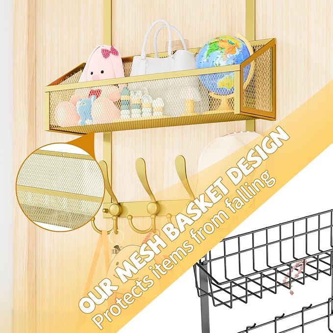 Over The Door Hooks Organizer, Coat Rack Over The Door Storage Hanger Towel Rack, Back of Door Storage Organizer for Bathroom,Bedroom,Kitchen,Office (Gold, 2-Tier)