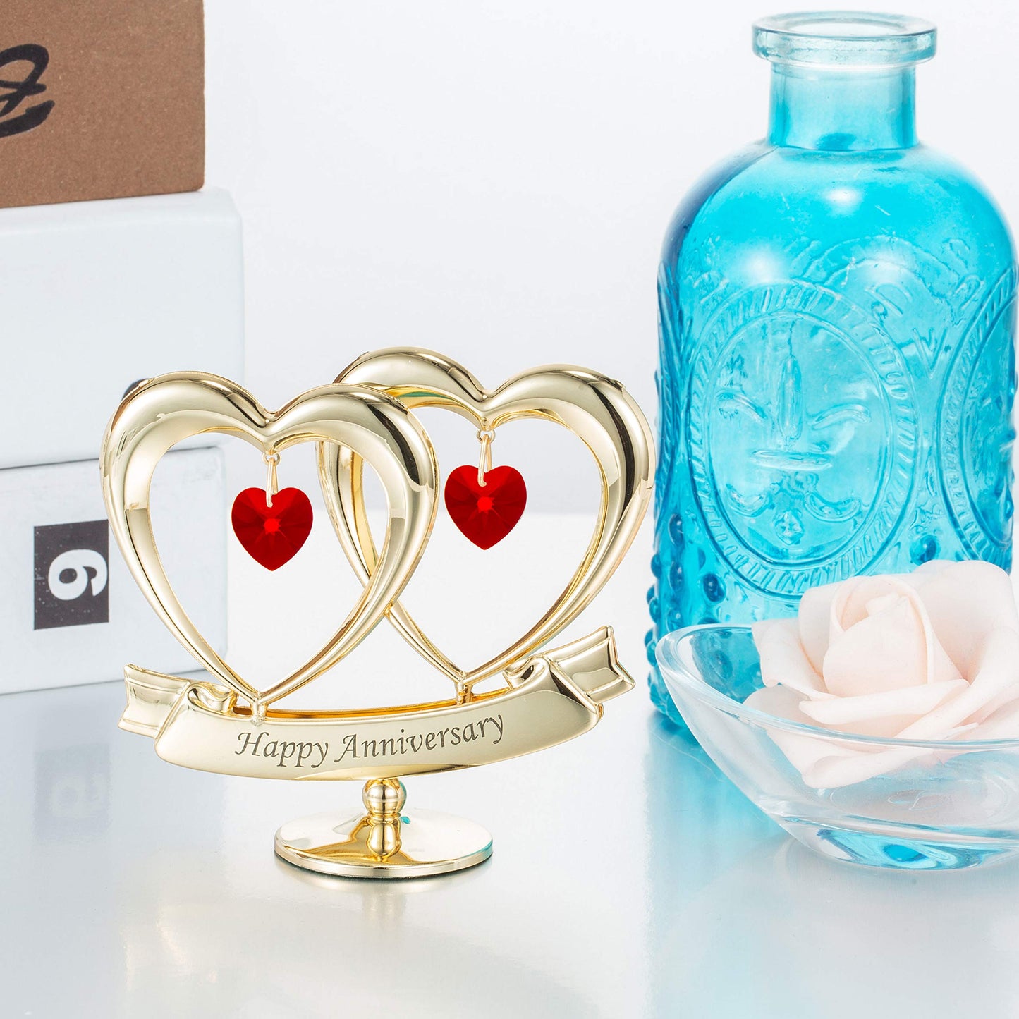 Matashi 24K Gold Plated "Happy Anniversary" Double Heart Table Top Ornament With Red-Cut Crystals