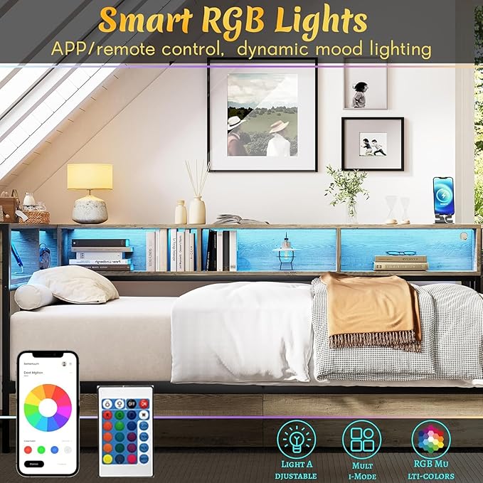 Full Corner Bed Frame with Desk and Storage Bookcase, L- Shaped Daybed with 2 Drawers, LED Lights & 2 Charging Station, Modern Metal Full Size Platform Bed for Kids/Teen Bedroom, Brown