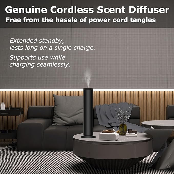 2026 Upgraded Cordless Rechargeable Diffuser - Hotel Scent Diffuser for Whole House- Scent Air Machine -App Bluetooth Control - Waterless Essential Oil Diffuser for Large Room, Studio Office - Black