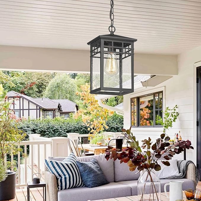 Outdoor Pendant Light Lanterns for Front Porch, Black Exterior Hanging Light Fixtures with Seeded Glass Shade for Patio, Entryway, Garage, Gazebo, RZ009-H BK