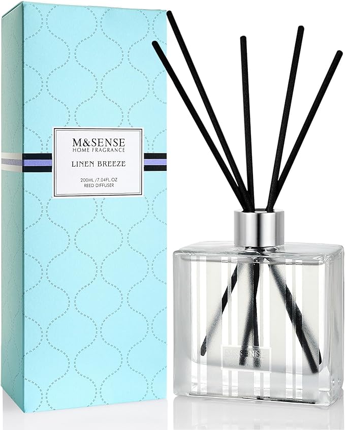 M&SENSE Linen Breeze Reed Diffuser Set - 7.04oz Scented Diffusers for Home with Sticks, Shelf Decor for Bedroom Bathroom Office for Women Friend