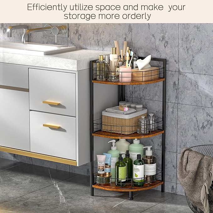 DAOUTIME Bathroom Standing Shelf, 3 Tier Corner Stand, Free-Standing Shelf Units, Triangular Curved Corner Shelf Stand for Small Space, Ideal for Bathroom,Kitchen,Vanity Storage and Organizer