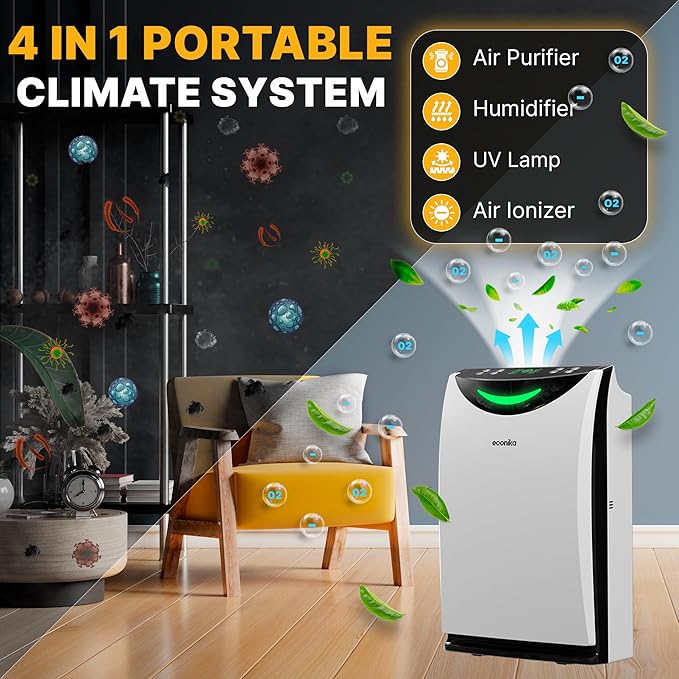 4 in 1 Humidifier and Air Purifier in One Large Room – HEPA Air Purifier and Humidifier Combo with UV Light, Quiet for Bedroom and Living Room – Whole House Large Room Cleaner