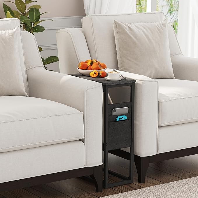 TUTOTAK C Shaped End Table, Side Table for Couch, Sofa Table with Storage Bag, TV Tray for Living Room, Bedroom, Black TB01BK0822