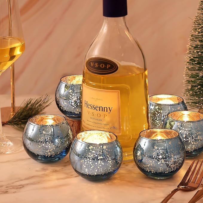 LAMORGIFT 12 PCS Blue Mercury Glass Votive Tealight Holders - Blue Centerpieces for Bridal Shower Decorations, Wedding Table Glass Decor