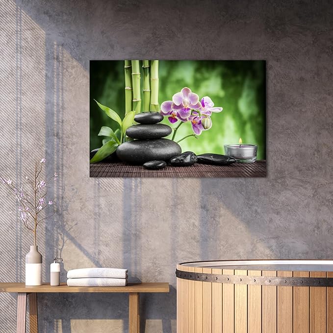 GUTTATY Zen Wall Art Decor, Modern Bathroom Zen Decor Wall Art, Canvas Wall Art for SPA Zen Room Decor, Green Bamboo and Pebble Relaxing Art Prints for Office & SPA Wall Decor 18x24 Inches