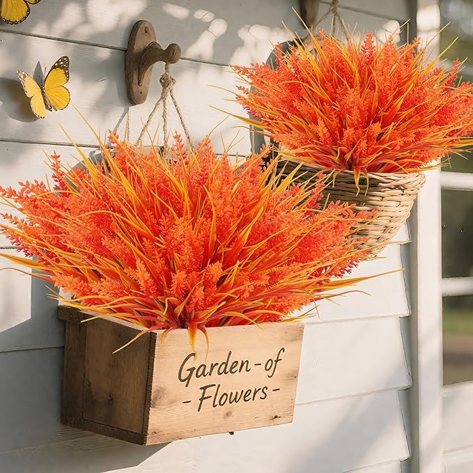 Geegoods 24 Bundles Artificial Fall Flowers Outdoor – Faux Lavender Flowers with Monkey Grass UV Resistant Plastic Faux Plants for Garden Porch Patio Home Decor, Autumn Color