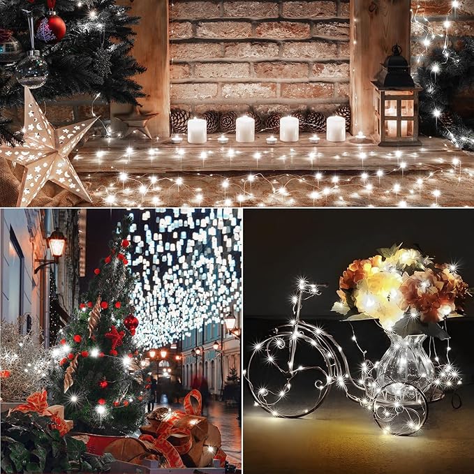 LAMPHOME 100 LED White Fairy Lights Battery Operated, Mini Battery Powered Copper Wire Starry String Lights,Light Length 32.5Ft, Multi Functions & Timer, with Remote Indoor/Outdoor use